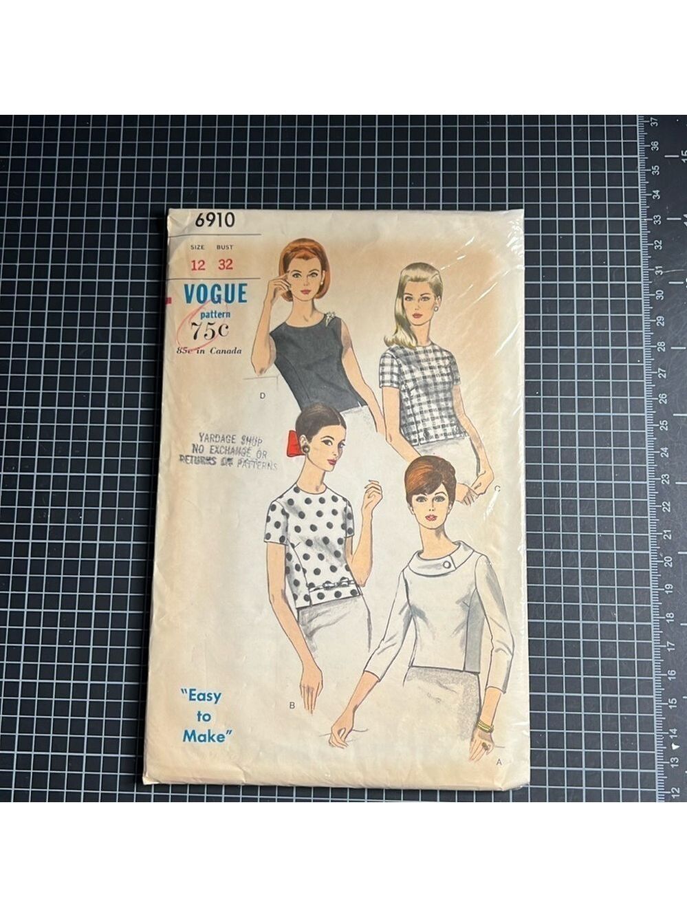 Vogue sewing pattern 6910, Misses size 12, bust 32.  Vintage, 4 versions, top.